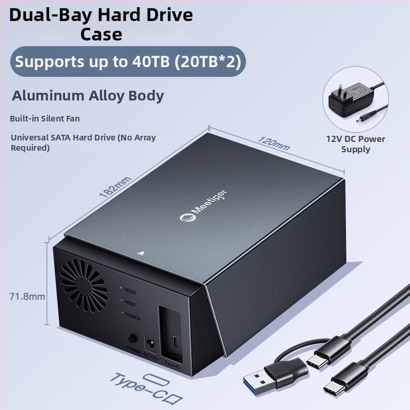 Kućište za dva tvrda diska od aluminijske legure, model D32, podržava do 40 TB, brzina prijenosa 5 Gbps