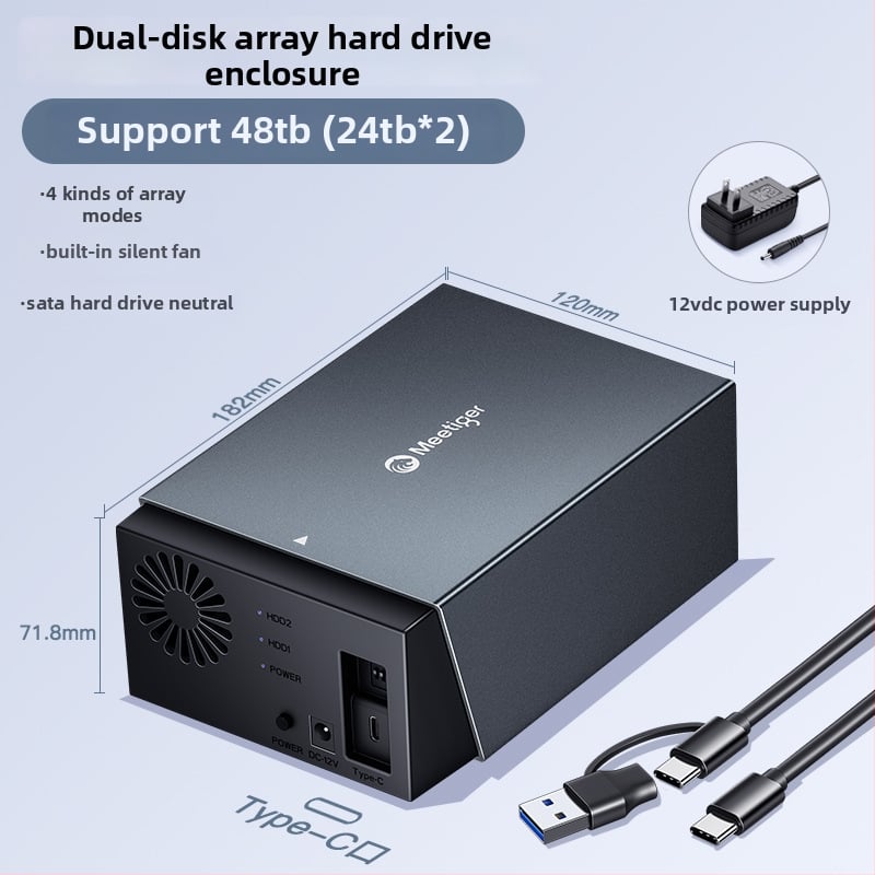 Kućište za dva tvrda diska od aluminijske legure, model D32, podržava do 40 TB, brzina prijenosa 5 Gbps