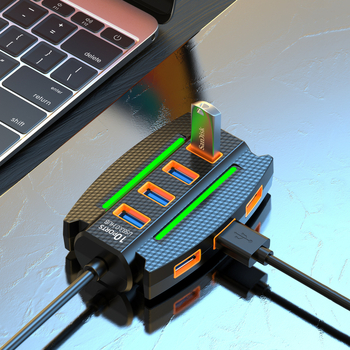 USB 3.0 hub, 10-portos elosztó, 5 Gbps átviteli sebesség, USB 3.0 interfész, 1,2 m kábel, külső tápegység nélkül