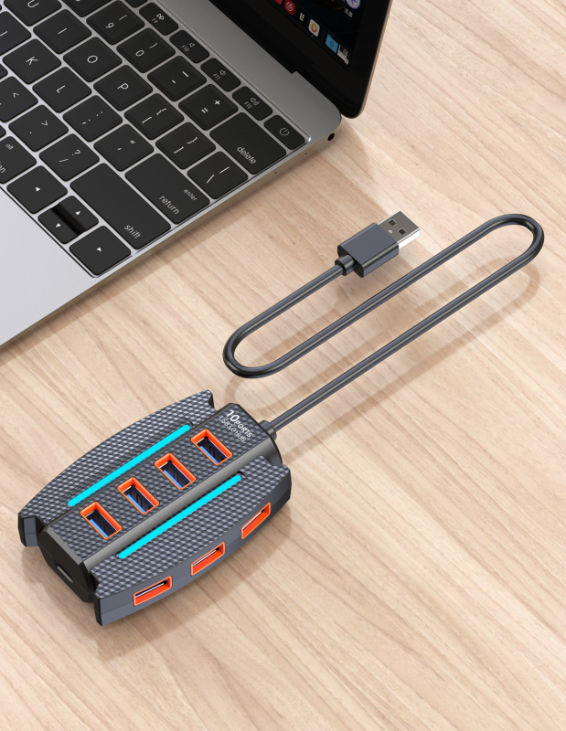 USB 3.0 hub, 10-portos elosztó, 5 Gbps átviteli sebesség, USB 3.0 interfész, 1,2 m kábel, külső tápegység nélkül