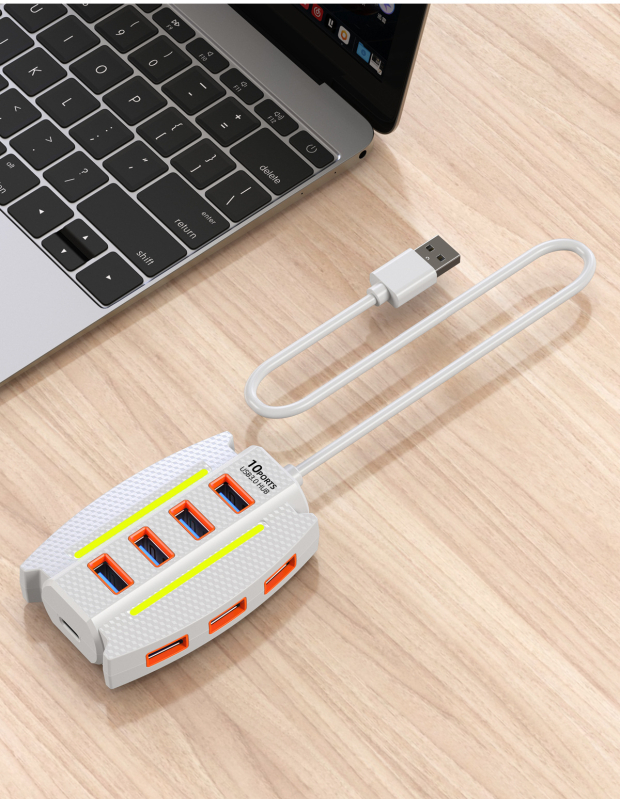 USB 3.0 hub, 10-portos elosztó, 5 Gbps átviteli sebesség, USB 3.0 interfész, 1,2 m kábel, külső tápegység nélkül