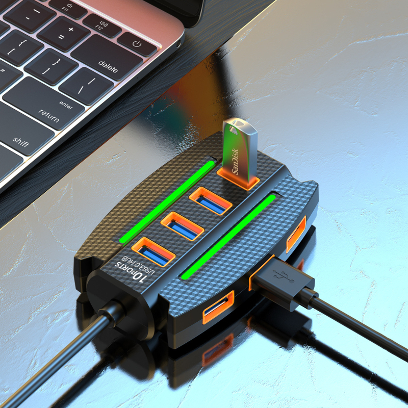 USB 3.0 hub, 10-portos elosztó, 5 Gbps átviteli sebesség, USB 3.0 interfész, 1,2 m kábel, külső tápegység nélkül