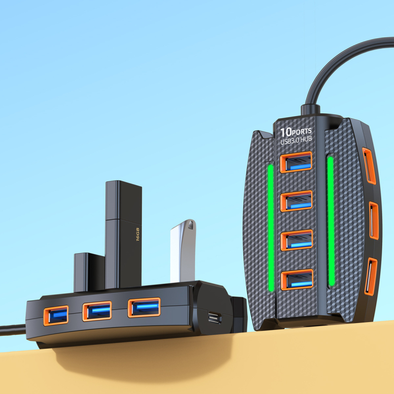USB 3.0 hub, 10-portos elosztó, 5 Gbps átviteli sebesség, USB 3.0 interfész, 1,2 m kábel, külső tápegység nélkül