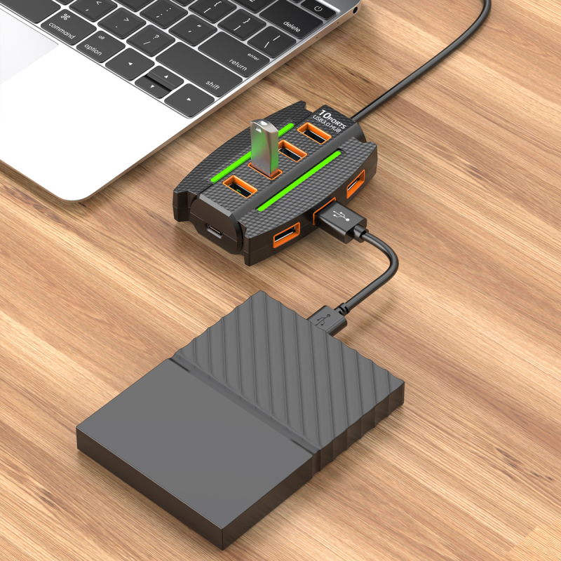 USB 3.0 hub, 10-portos elosztó, 5 Gbps átviteli sebesség, USB 3.0 interfész, 1,2 m kábel, külső tápegység nélkül