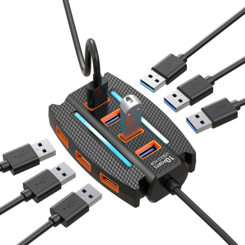 USB 3.0 hub, 10-portos elosztó, 5 Gbps átviteli sebesség, USB 3.0 interfész, 1,2 m kábel, külső tápegység nélkül
