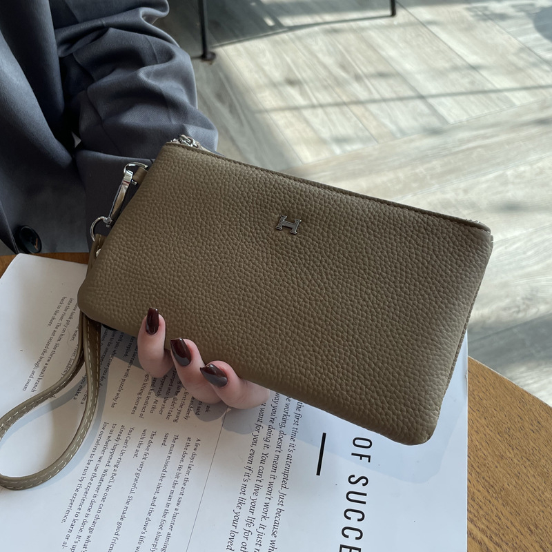 Geantă de mână din piele pentru telefon, în stil plic, formă orizontală dreptunghiulară, cu fermoar, buzunar intern pentru telefon