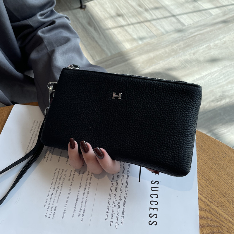 Geantă de mână din piele pentru telefon, în stil plic, formă orizontală dreptunghiulară, cu fermoar, buzunar intern pentru telefon