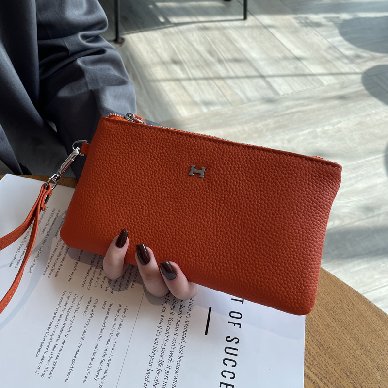 Geantă de mână din piele pentru telefon, în stil plic, formă orizontală dreptunghiulară, cu fermoar, buzunar intern pentru telefon