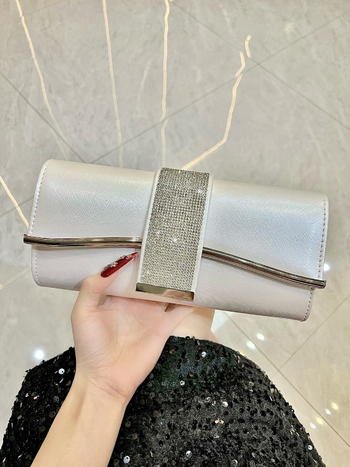 Geantă de seară cu brățară | Clutch din cristale în stil baguette, PU, formă orizontală pătrată, închidere magnetică, buzunar pentru telefon și ID