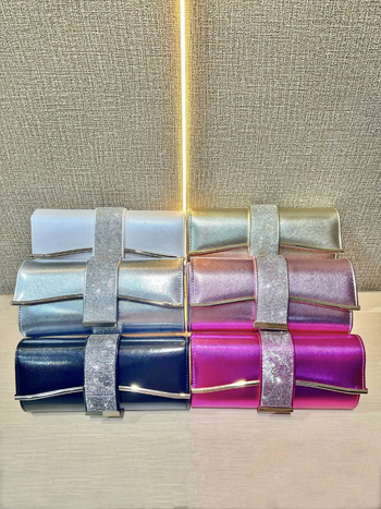 Geantă de seară cu brățară | Clutch din cristale în stil baguette, PU, formă orizontală pătrată, închidere magnetică, buzunar pentru telefon și ID