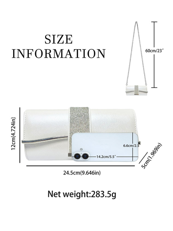 Geantă de seară cu brățară | Clutch din cristale în stil baguette, PU, formă orizontală pătrată, închidere magnetică, buzunar pentru telefon și ID