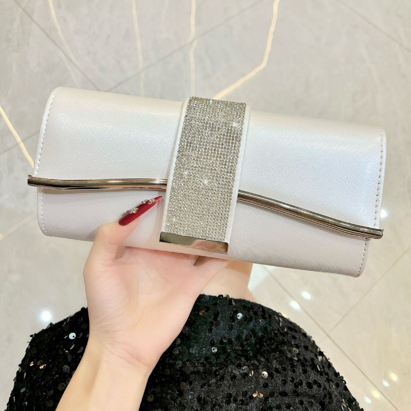 Geantă de seară cu brățară | Clutch din cristale în stil baguette, PU, formă orizontală pătrată, închidere magnetică, buzunar pentru telefon și ID