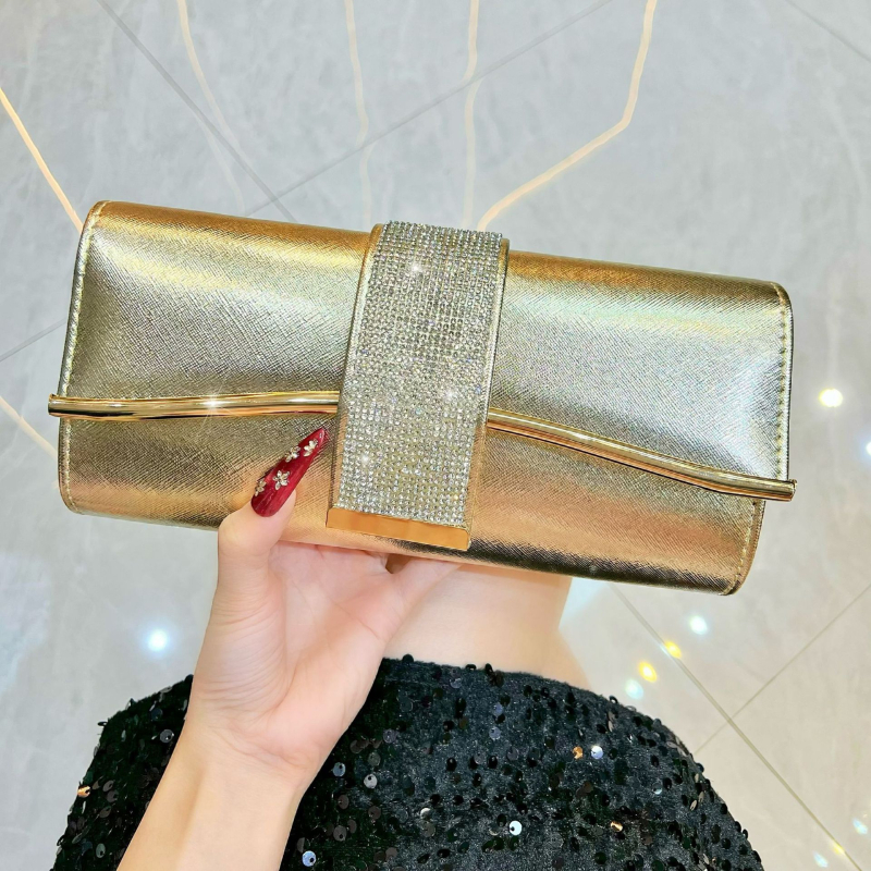 Geantă de seară cu brățară | Clutch din cristale în stil baguette, PU, formă orizontală pătrată, închidere magnetică, buzunar pentru telefon și ID