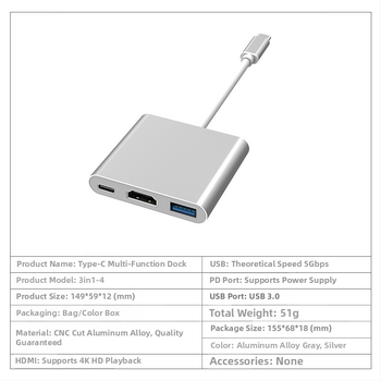 Type-C na HDMI 3-v-1 dokovacia stanica pre TV a projektor — HDMI výstup, Type-C rozhranie, bez vonkajšieho napájania