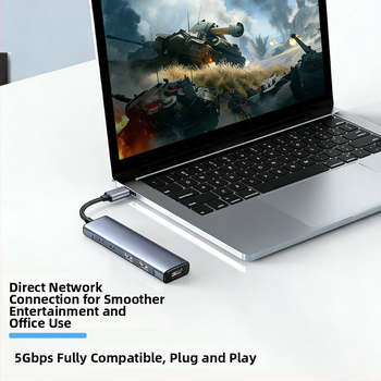 USB-C 5-v-1 hub pre telefóny a počítače, USB 3.0, prenos až 5 Gbps, externé napájanie, kábel 18 cm