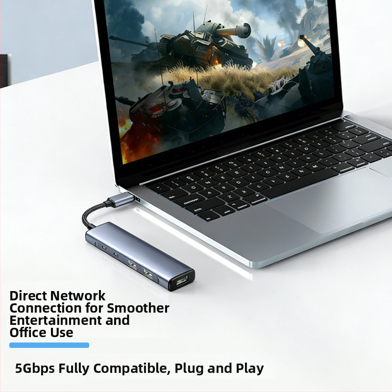 USB-C 5-v-1 hub pre telefóny a počítače, USB 3.0, prenos až 5 Gbps, externé napájanie, kábel 18 cm