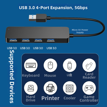 USB 3.0 hub so 4 portami, One-to-Four rozbočovač, docking stanica, 5Gbps, napájanie cez USB, model AB3-L42