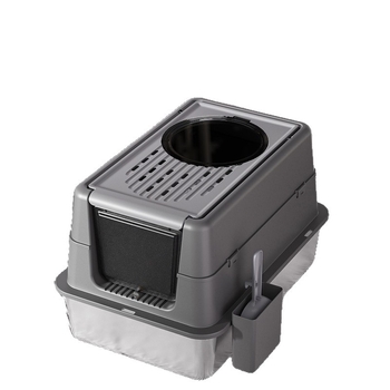 Πλήρως κλειστή γατότουαλέτα με επάνω είσοδο και καπάκι που γυρίζει, μεταλλο-πλαστική κατασκευή, αντιπιτσιλιστικό σχέδιο