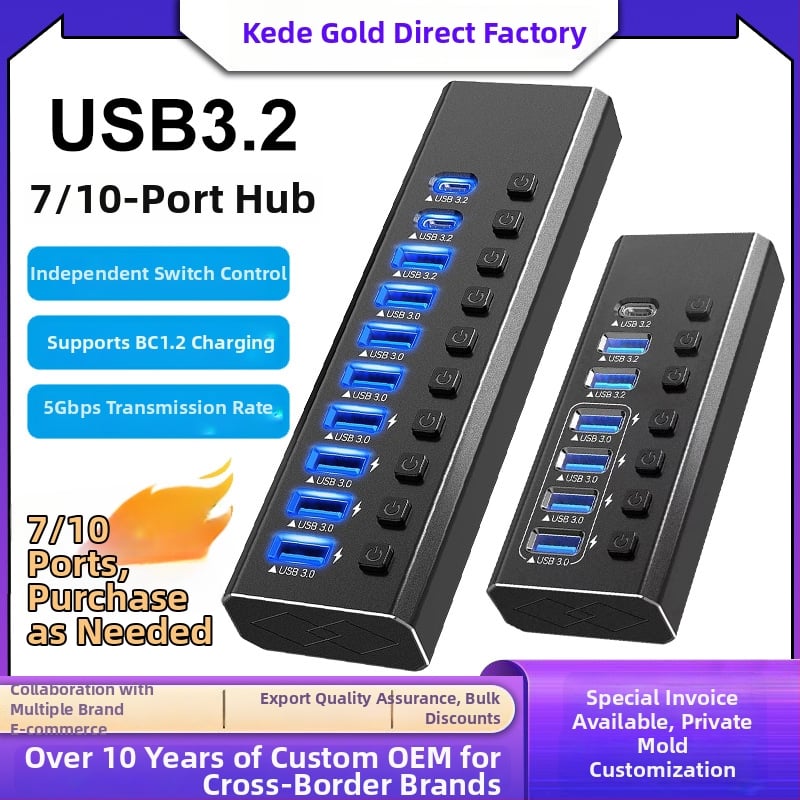 USB 3.0 10-portový docking station s externým napájaním, 5 Gbps prenos, 1 m kábel