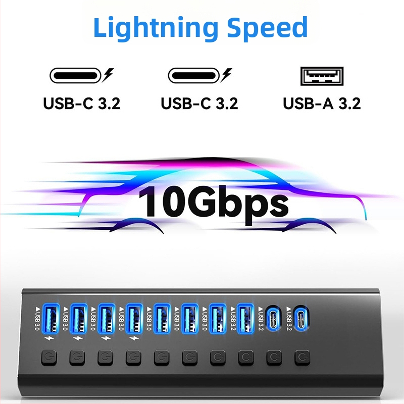 USB 3.0 10-portový docking station s externým napájaním, 5 Gbps prenos, 1 m kábel