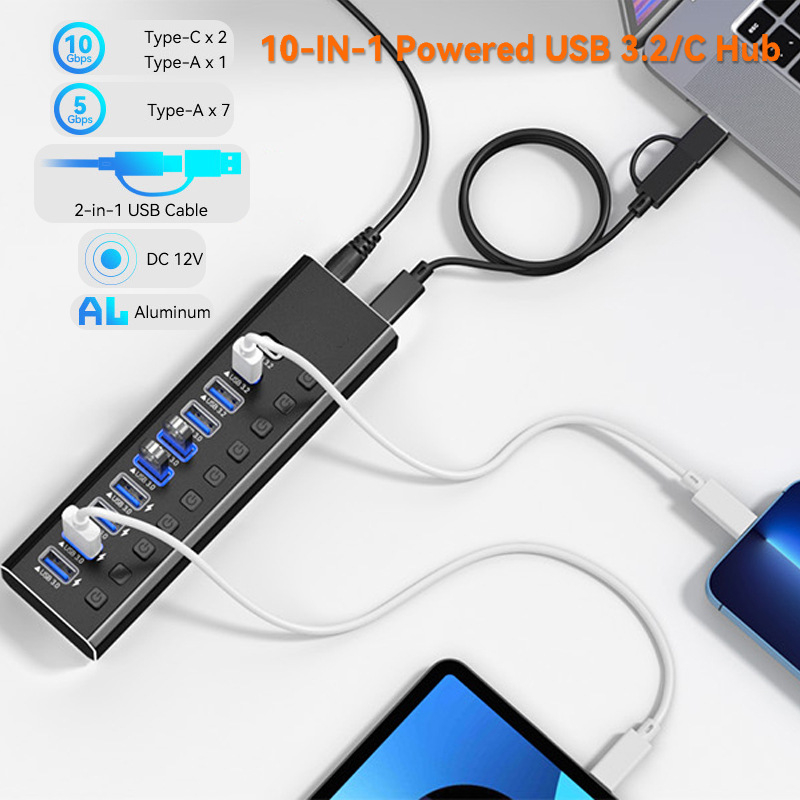 Docking station USB 3.0 cu 10 porturi, alimentare externă, transfer de 5 Gbps, cablu de 1 m