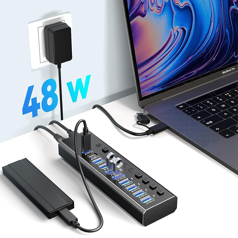 Docking station USB 3.0 cu 10 porturi, alimentare externă, transfer de 5 Gbps, cablu de 1 m