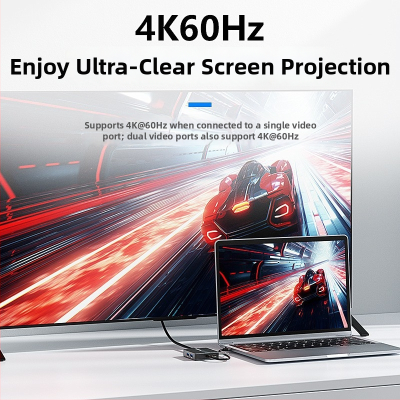 Lanshuo Hd706/Hp706 Dvojitá HDMI dokovacia stanica s 4K60Hz troj obrazov, Gigabit Ethernet, USB 3.2, 0.15 m kábel, bez externého napájania