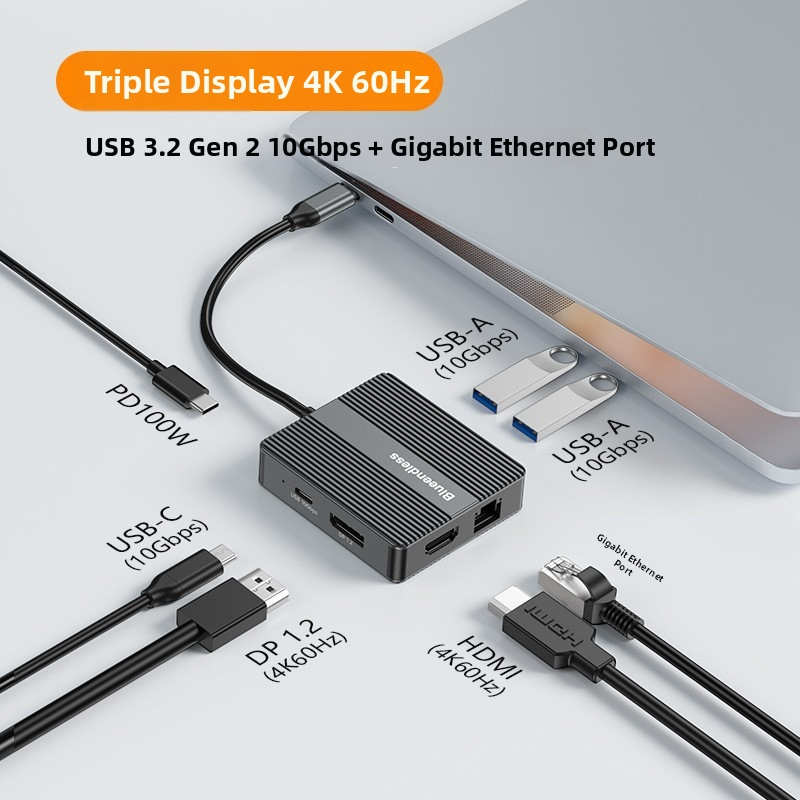 Lanshuo Hd706/Hp706 Dvojitá HDMI dokovacia stanica s 4K60Hz troj obrazov, Gigabit Ethernet, USB 3.2, 0.15 m kábel, bez externého napájania