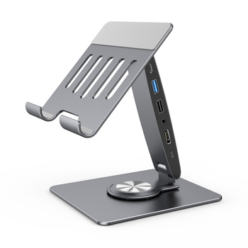 Stalak za tablet od aluminijske legure s docking stanicom od 8 portova, HDMI 4K60, PD100W napajanje, rotirajući i sklopivi