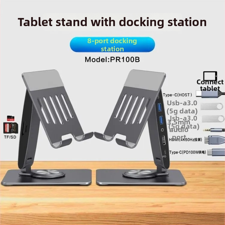 Stalak za tablet od aluminijske legure s docking stanicom od 8 portova, HDMI 4K60, PD100W napajanje, rotirajući i sklopivi