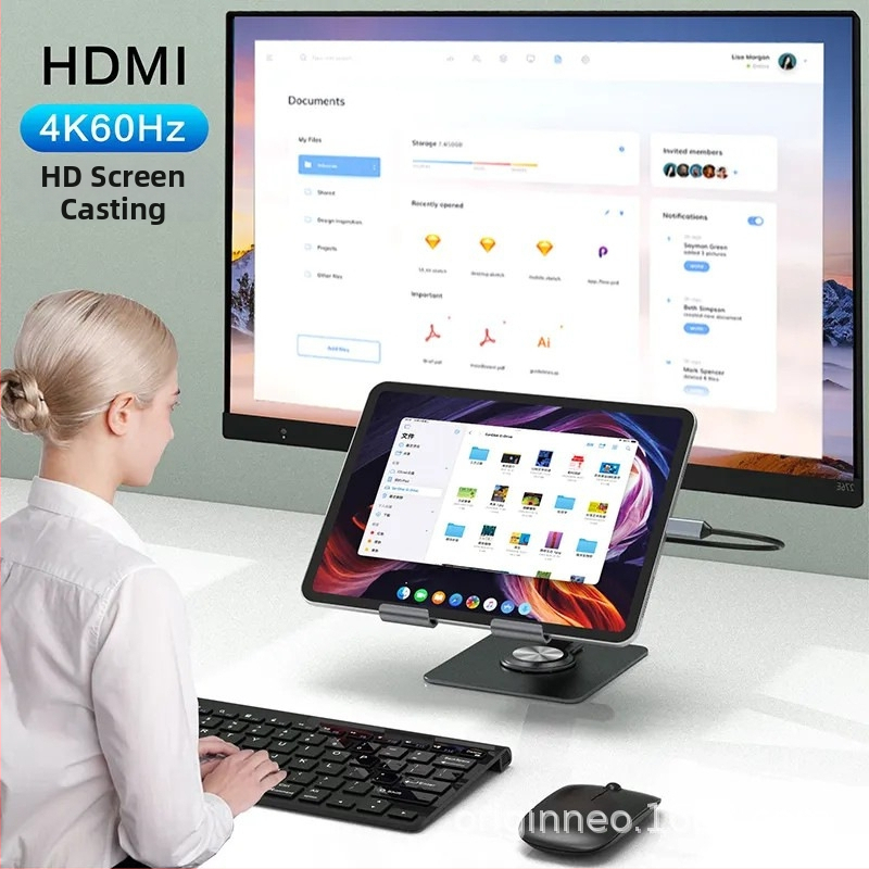 Stalak za tablet od aluminijske legure s docking stanicom od 8 portova, HDMI 4K60, PD100W napajanje, rotirajući i sklopivi