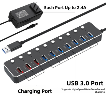 USB 3.0 hub s 10 portami a nezávislým prepínačom, hliníkové telo, napájanie cez USB, 60 cm kábel