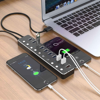 Hub USB 3.0 cu 10 porturi, comutator independent, șasiu din aliaj de aluminiu, alimentare prin USB, cablu de 60 cm