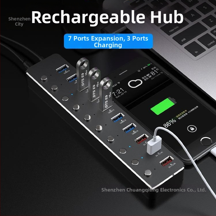 USB 3.0 hub s 10 portami a nezávislým prepínačom, hliníkové telo, napájanie cez USB, 60 cm kábel