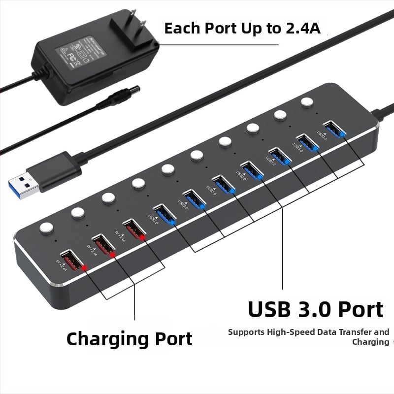 USB 3.0 hub s 10 portami a nezávislým prepínačom, hliníkové telo, napájanie cez USB, 60 cm kábel