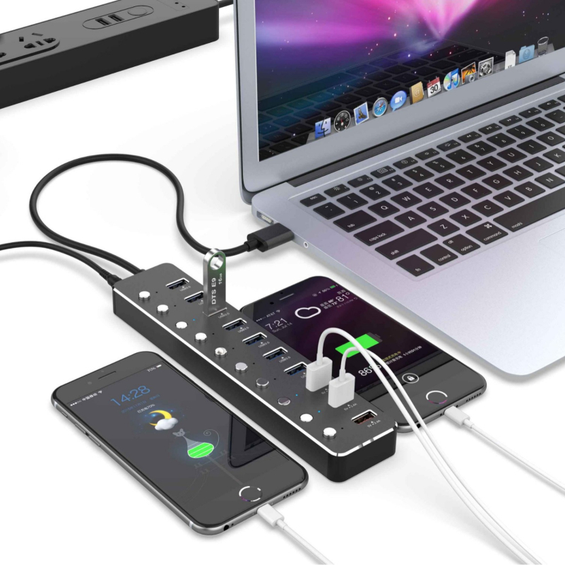 Hub USB 3.0 cu 10 porturi, comutator independent, șasiu din aliaj de aluminiu, alimentare prin USB, cablu de 60 cm