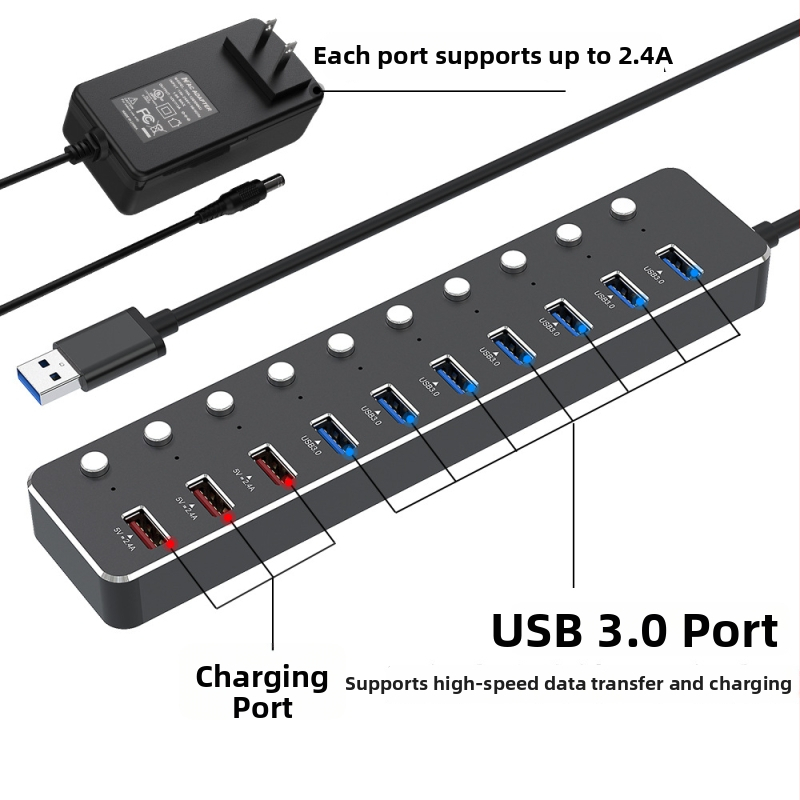 USB 3.0 hub s 10 portami a nezávislým prepínačom, hliníkové telo, napájanie cez USB, 60 cm kábel