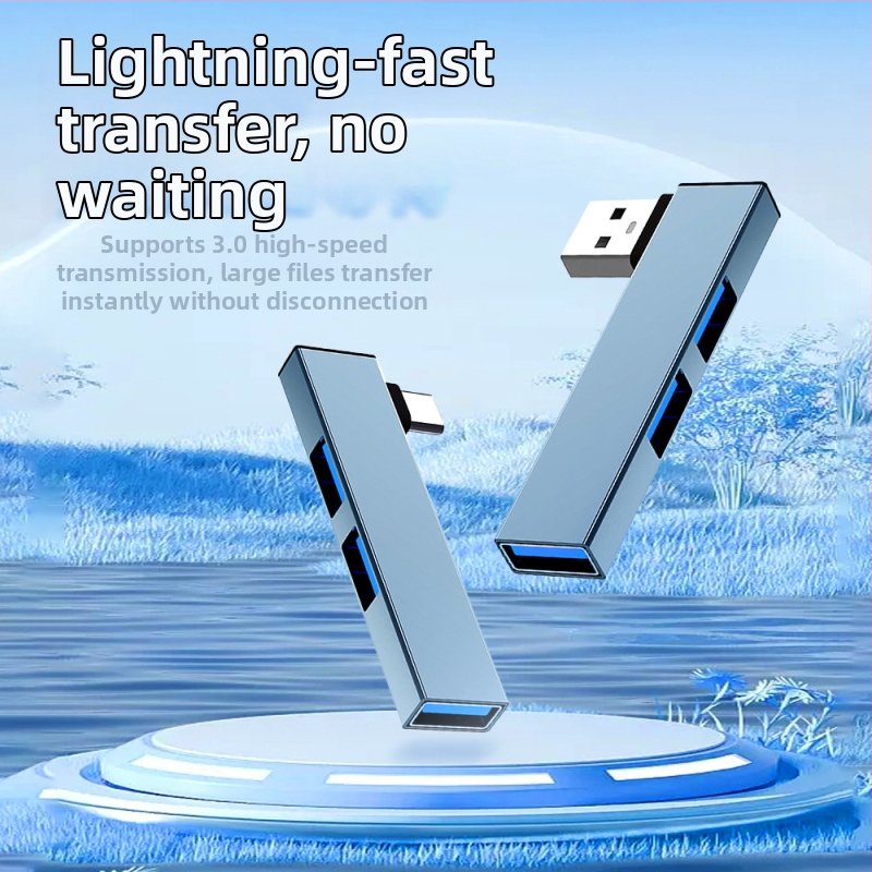 Type-C dokovacia stanica, uhlový konvertor hub splitter, USB 3.0, kovové telo, 1–3 porty, dĺžka kábla 6,6 mm