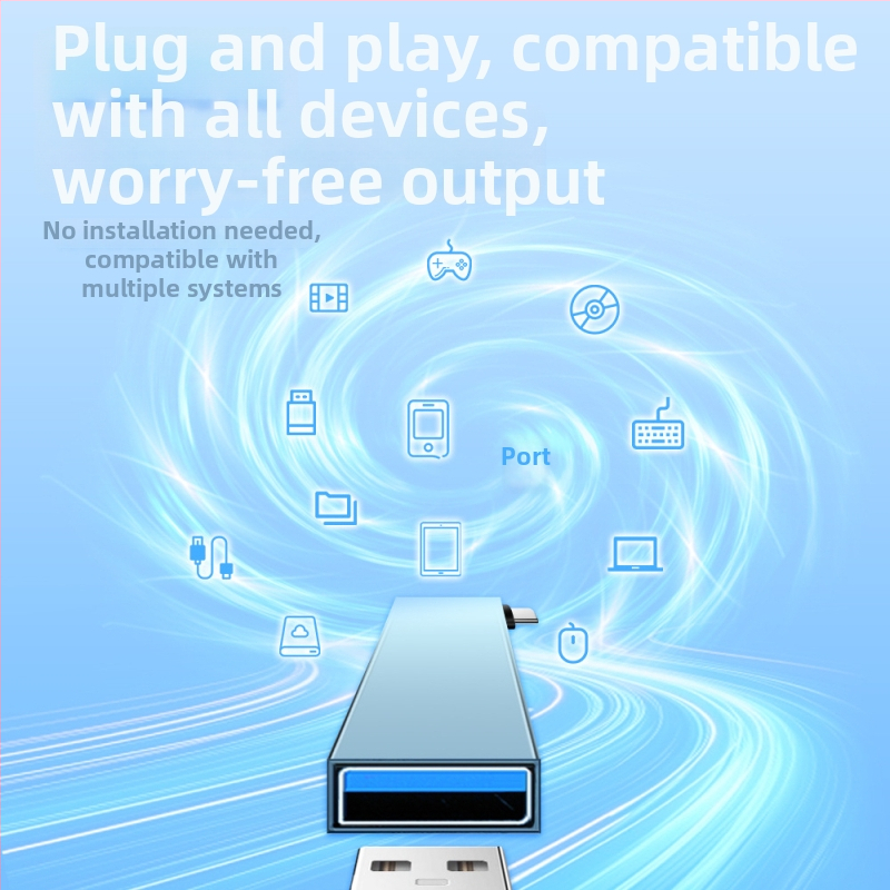 Type-C dokovacia stanica, uhlový konvertor hub splitter, USB 3.0, kovové telo, 1–3 porty, dĺžka kábla 6,6 mm