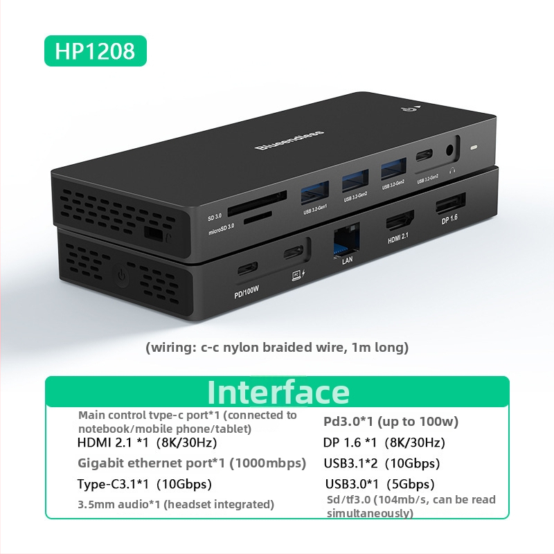 Type-C docking stanica s dvojitým DP a HDMI, viacmonitorová 4K60Hz hub, 10Gbps, USB 3.1, kábel 1 m