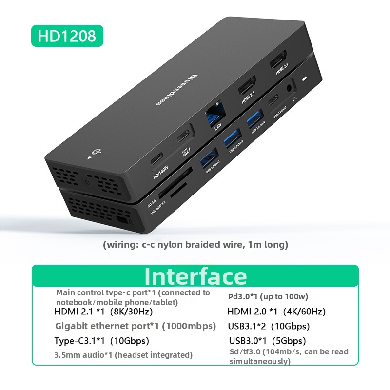 Type-C docking stanica s dvojitým DP a HDMI, viacmonitorová 4K60Hz hub, 10Gbps, USB 3.1, kábel 1 m