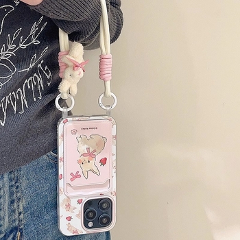 Maska za iPhone 15 u stilu bijelog jelena, slatka zeka s mašnicom i trakom za nošenje, crtani dizajn