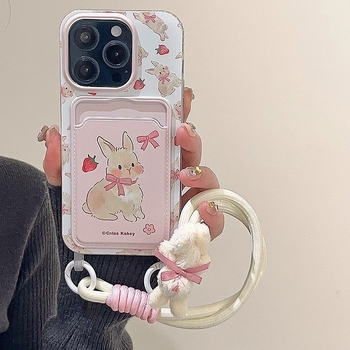 Maska za iPhone 15 u stilu bijelog jelena, slatka zeka s mašnicom i trakom za nošenje, crtani dizajn