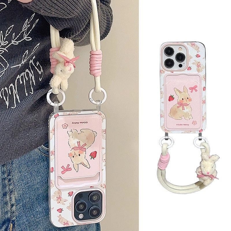 Maska za iPhone 15 u stilu bijelog jelena, slatka zeka s mašnicom i trakom za nošenje, crtani dizajn