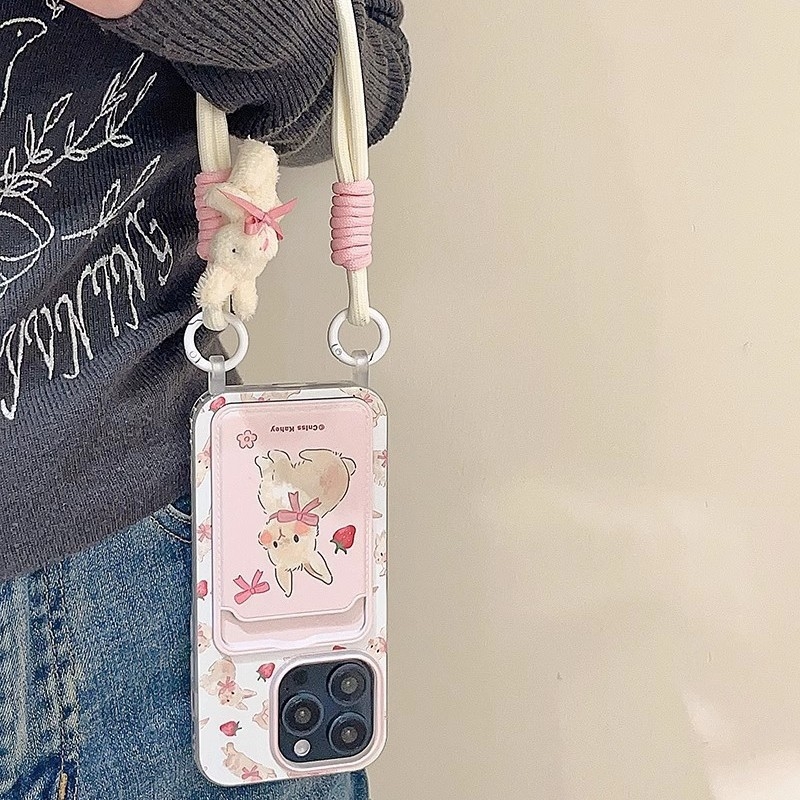 Maska za iPhone 15 u stilu bijelog jelena, slatka zeka s mašnicom i trakom za nošenje, crtani dizajn