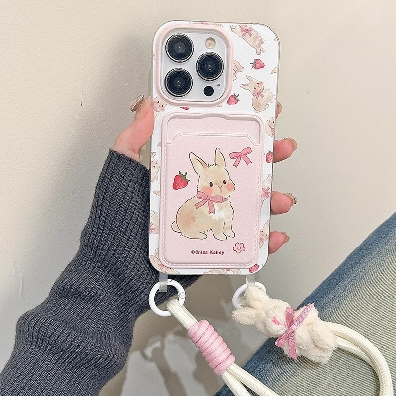 Maska za iPhone 15 u stilu bijelog jelena, slatka zeka s mašnicom i trakom za nošenje, crtani dizajn