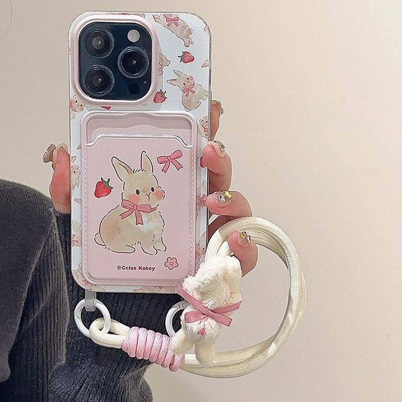 Maska za iPhone 15 u stilu bijelog jelena, slatka zeka s mašnicom i trakom za nošenje, crtani dizajn