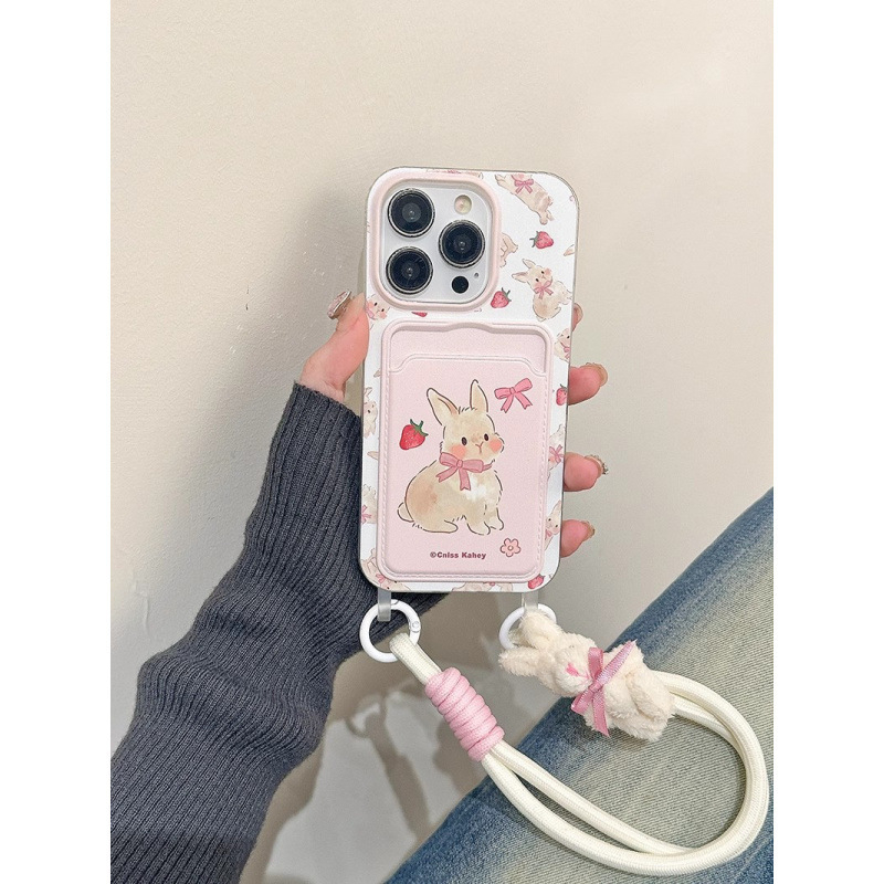 Maska za iPhone 15 u stilu bijelog jelena, slatka zeka s mašnicom i trakom za nošenje, crtani dizajn