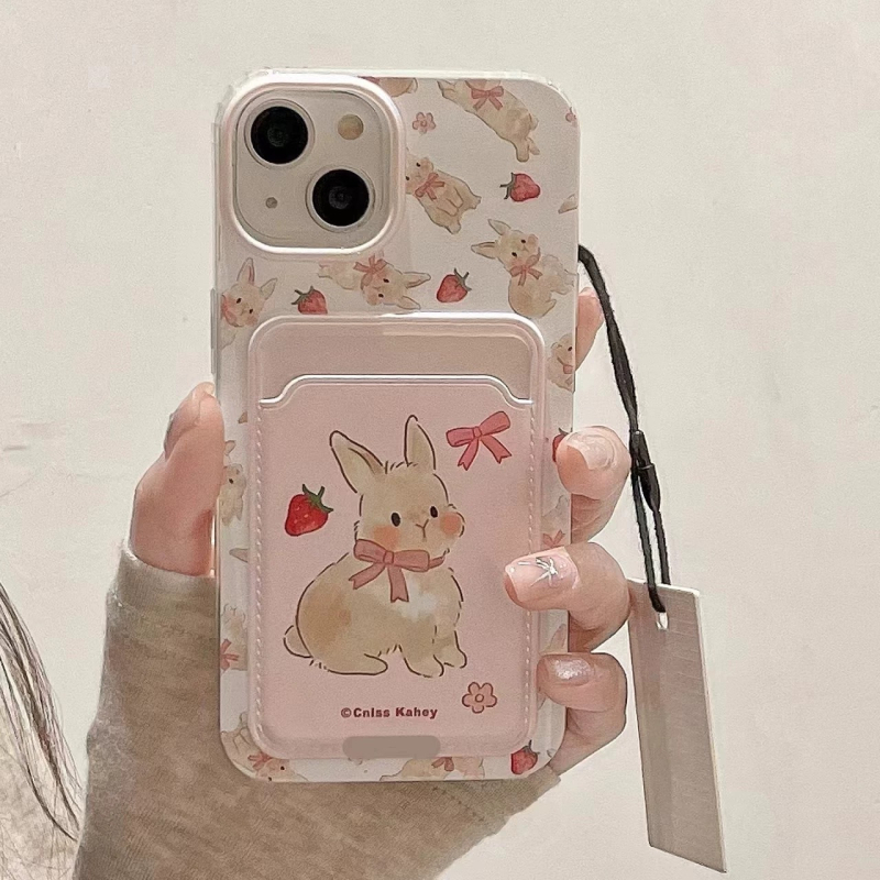 Maska za iPhone 15 u stilu bijelog jelena, slatka zeka s mašnicom i trakom za nošenje, crtani dizajn