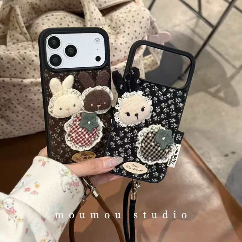 IPhone vāciņš ar retro ziedu 3D trušu ķēdi, silikons, matēta virsma, aizsardzība pret kritieniem